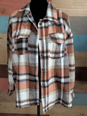 Plaid Button-Down Shirt Jacket in Rust & Cream